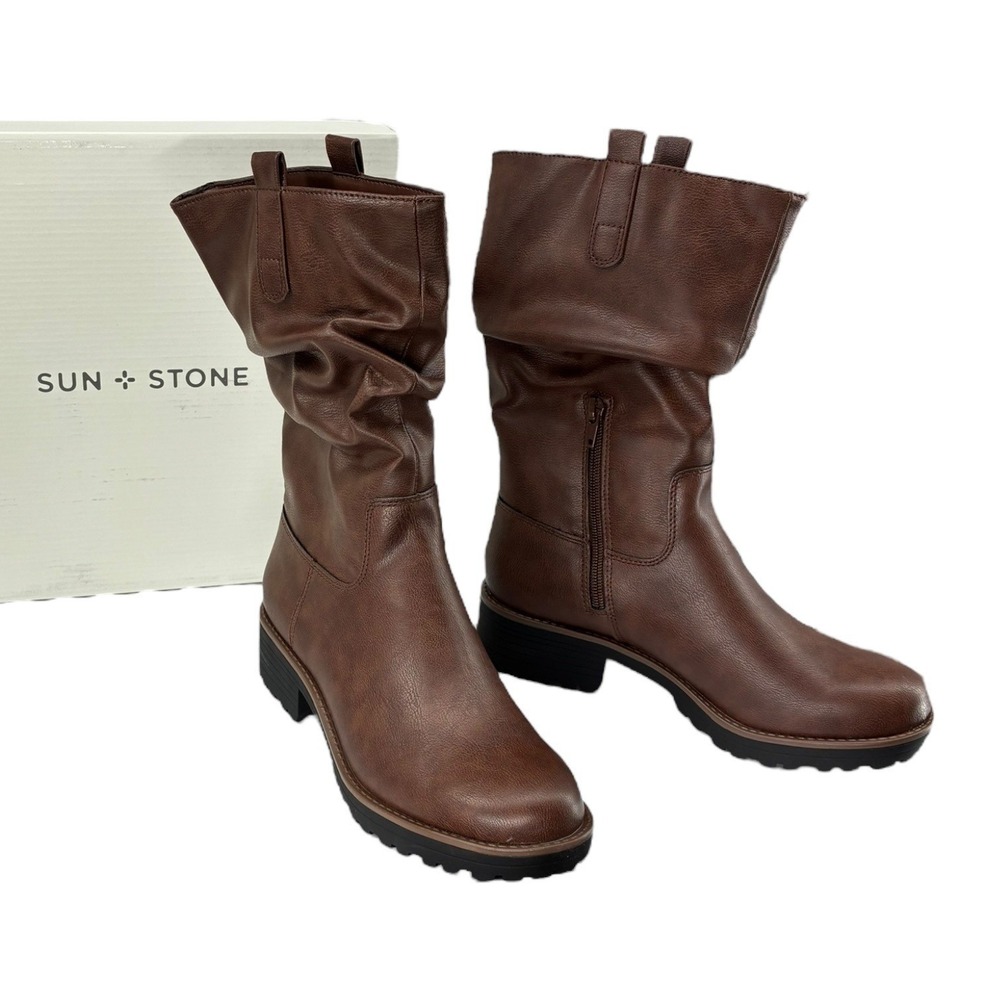 Sun +‎ Stone Nelliee Brown Slouch Mid Calf Lug Sole Boots NIB Size 9.5 Trendy